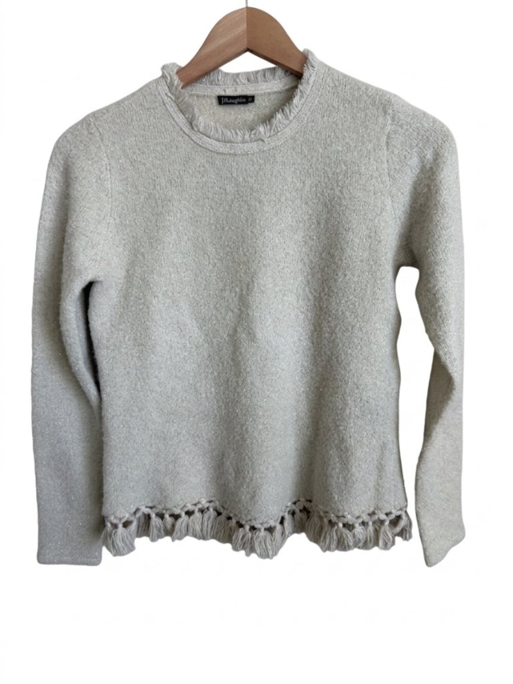 J. McLaughlin Baby Alpaca Merino Wool Metallic Tassel Fringe Sweater XS Cream